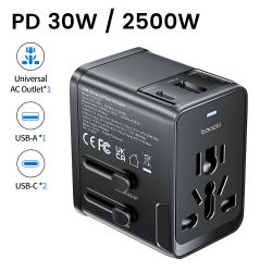 Bộ chuyển đổi nguồn du lịch đa năng Toocki GaN 30W với 2 cổng USB-C và 1 cổng USB, bộ sạc du lịch quốc tế cho EU/US/UK/JP/AU