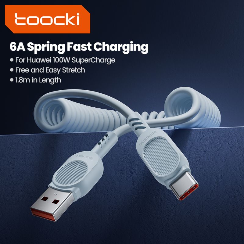 Кабель Toocki Type-C до Type-C для швидкої зарядки 100 Вт 5 А пружинний USB Type-C для iPhone 16 15 Samsung S23 ноутбук Xiaomi 1