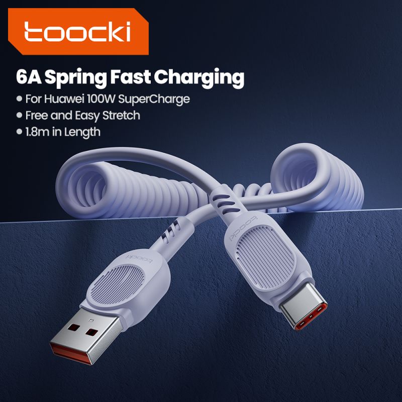 Кабель Toocki Type-C до Type-C для швидкої зарядки 100 Вт 5 А пружинний USB Type-C для iPhone 16 15 Samsung S23 ноутбук Xiaomi 1