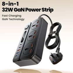 Regleta de enchufes Toocki C36 GaN con enchufe UE/EE. UU./RU, extensión de 2 m, 3 tomas de CA, 2 USB-C, 3 USB, carga rápida, fil