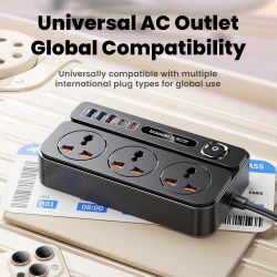 Regleta de enchufes Toocki C36 GaN con enchufe UE/EE. UU./RU, extensión de 2 m, 3 tomas de CA, 2 USB-C, 3 USB, carga rápida, fil