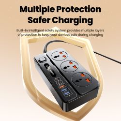 Regleta de enchufes Toocki C36 GaN con enchufe UE/EE. UU./RU, extensión de 2 m, 3 tomas de CA, 2 USB-C, 3 USB, carga rápida, fil