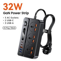 Ổ cắm điện Toocki C36 GaN, phích cắm EU/US/UK, chiều dài 2 mét, 3 ổ cắm AC, 2 cổng USB-C, 3 cổng USB sạc nhanh, bộ lọc mạng.
