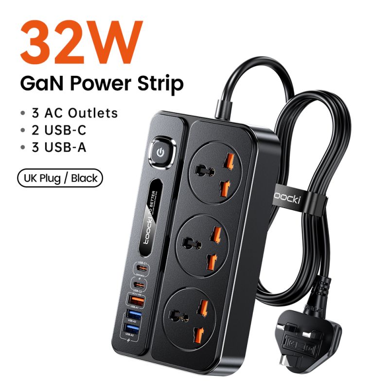 Toocki C36 GaN Power Strip EU/US/UK Plug 2M Extention 3AC Outlet Electrical Socket 2 USB-C 3 USB Fast Charging Network Filter