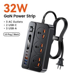 Regleta de enchufes Toocki C36 GaN con enchufe UE/EE. UU./RU, extensión de 2 m, 3 tomas de CA, 2 USB-C, 3 USB, carga rápida, fil