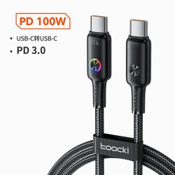 Cáp USB C sang USB C 100W Toocki với đèn RGB dành cho Laptop, iPhone 15, Samsung S24 S23, Xiaomi Realme, sạc nhanh, định dạng Ty