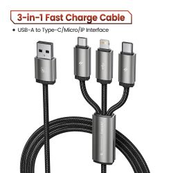 Cáp USB 3 trong 1 Toocki, dây truyền dữ liệu Micro USB Type C, cáp sạc Lightning cho iPhone Samsung Xiaomi Huawei OPPO Oneplus P