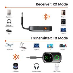 Bộ thu phát âm thanh Bluetooth 5.4 Toocki RT/TX 2 trong 1, dùng cho TV, tai nghe, ô tô, máy bay, cổng AUX 3.5mm.