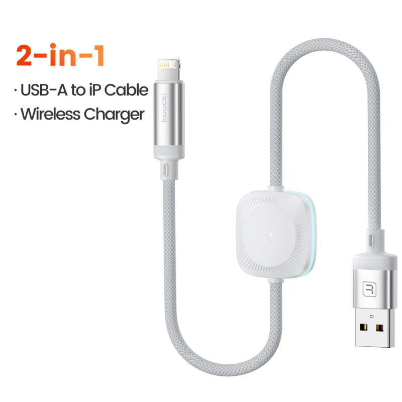 Cáp Toocki 2 trong 1 dành cho iPhone và iWatch, cáp sạc nhanh USB AC sang Lightning cho iPhone 14, 13, 12, sạc không dây 15W cho