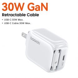 Bộ sạc Toocki 30W GaN cáp rút 68cm Type C QC PD 3.0 PPS sạc nhanh USB C cho iPhone 17 16 15 Samsung S25 S24 Tablet
