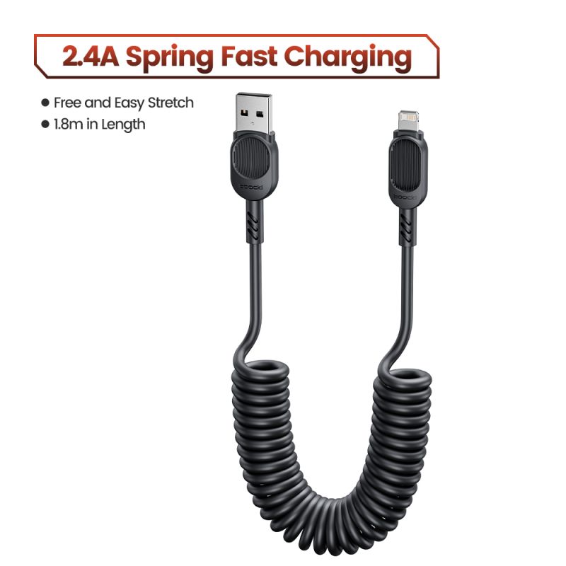 Cáp sạc nhanh Toocki USB C Lightning có lò xo tự thu gọn dành cho ô tô, tương thích với iPhone 14 13 12 11 Pro Max XR XS 8 7