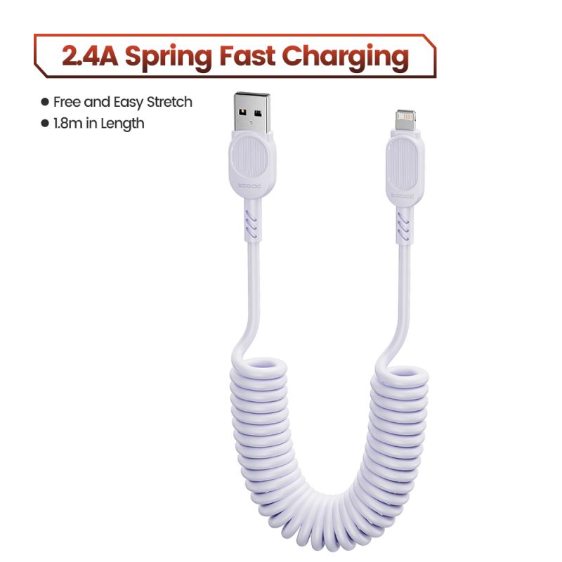 Cáp sạc nhanh Toocki USB C Lightning có lò xo tự thu gọn dành cho ô tô, tương thích với iPhone 14 13 12 11 Pro Max XR XS 8 7