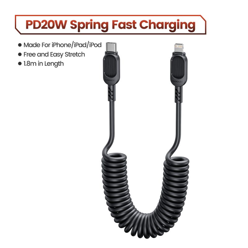 Cáp sạc nhanh Toocki USB C Lightning có lò xo tự thu gọn dành cho ô tô, tương thích với iPhone 14 13 12 11 Pro Max XR XS 8 7