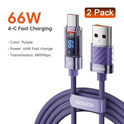 Cáp sạc nhanh Toocki USB A sang Type C 66W 6A màn hình hiển thị kỹ thuật số, dây sạc Type C cho iPhone 17 16 15 Samsung Huawei X