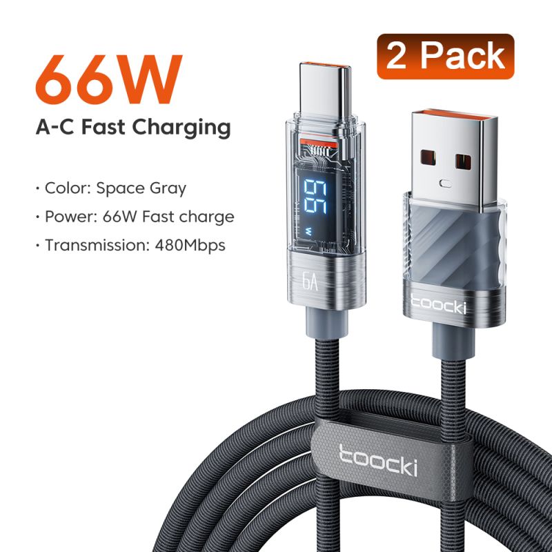 Toocki USB-A auf USB-C Schnellladekabel 66W 6A mit Digitalanzeige, Typ-C-Ladekabel für iPhone 17, 16, 15, Samsung, Huawei und Xi