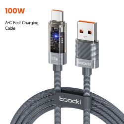 Cáp USB Type C Toocki 100W tự động tắt nguồn QC4.0 6A sạc nhanh cho iPhone 15, Samsung S23 S22, Xiaomi và Huawei.