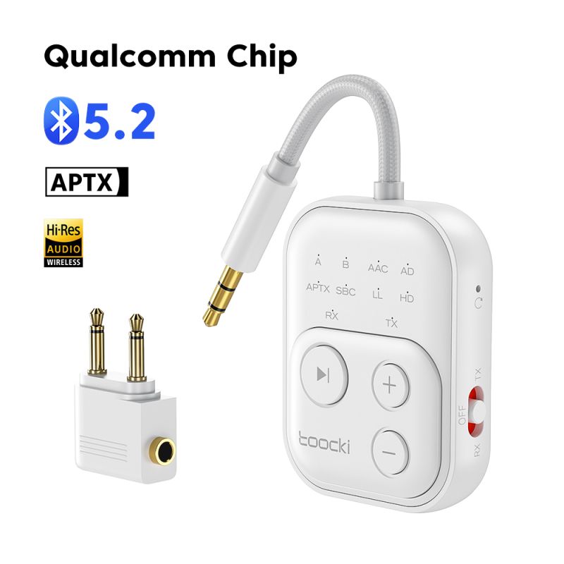 Bộ thu phát âm thanh Bluetooth 5.4 Toocki RT/TX 2 trong 1, dùng cho TV, tai nghe, ô tô, máy bay, cổng AUX 3.5mm.