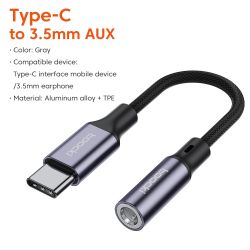 Cáp âm thanh Toocki Type C sang jack 3.5mm cho tai nghe, cáp Aux USB C, bộ chuyển đổi tai nghe 3.5mm dành cho Xiaomi Huawei OPPO