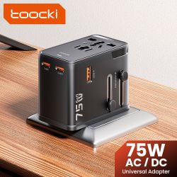 Bộ chuyển đổi nguồn du lịch đa năng Toocki GaN 75W toàn cầu với 1 ổ cắm AC, 1 cổng USB, 2 cổng Type-C, sạc nhanh PD 45W cho phíc
