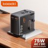 Bộ chuyển đổi nguồn du lịch đa năng Toocki GaN 75W toàn cầu với 1 ổ cắm AC, 1 cổng USB, 2 cổng Type-C, sạc nhanh PD 45W cho phíc