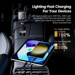 Автомобільний зарядний пристрій Toocki 105 Вт з висувним USB-C та Lightning-кабелем PD 27 Вт для iPhone 16 15 14 13 Samsung S24 