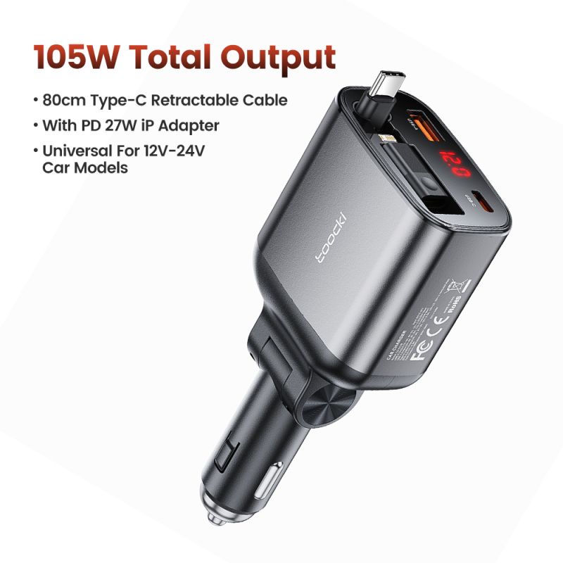 Автомобільний зарядний пристрій Toocki 105 Вт з висувним USB-C та Lightning-кабелем PD 27 Вт для iPhone 16 15 14 13 Samsung S24 