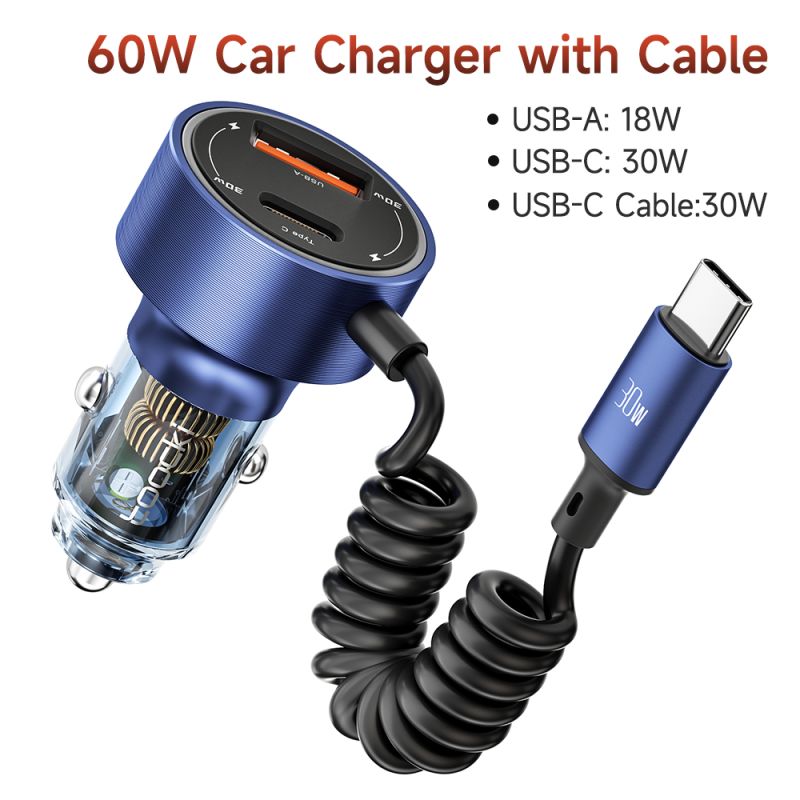 Bộ sạc ô tô Toocki 60W USB C QC4.0 PD3.0 5A Sạc nhanh Type C cho điện thoại iPhone 14 13 Samsung Xiaomi Huawei