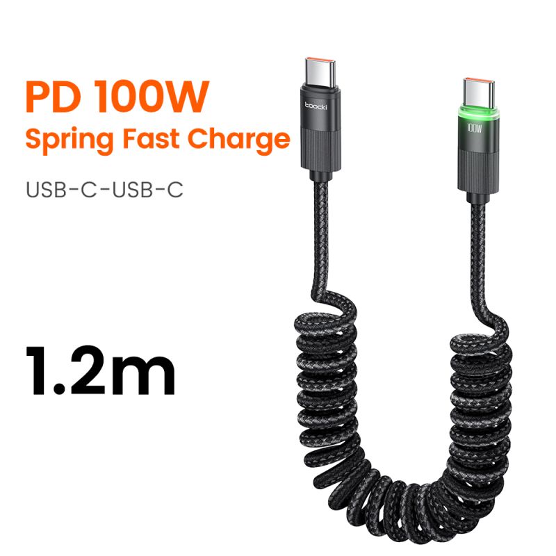 Cáp sạc điện thoại trên ô tô Toocki Spring 100W USB C sang USB Type-C dạng ống lồng, tương thích với Macbook, iPhone 15, Samsung