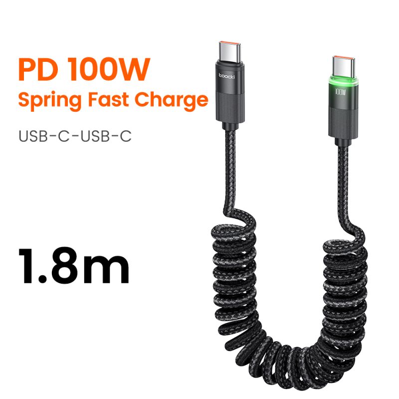 Cáp sạc điện thoại trên ô tô Toocki Spring 100W USB C sang USB Type-C dạng ống lồng, tương thích với Macbook, iPhone 15, Samsung