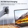 Bộ chuyển đổi nguồn du lịch đa năng Toocki GaN 75W toàn cầu với 1 ổ cắm AC, 1 cổng USB, 2 cổng Type-C, sạc nhanh PD 45W cho phíc