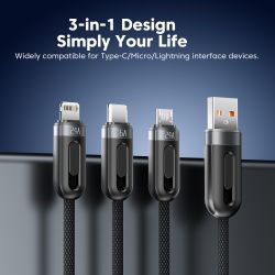 Câble Toocki 66 W 3 en 1 avec affichage numérique, charge rapide 6 A, compatible Micro USB, Type C et Lightning, pour iPhone, Sa