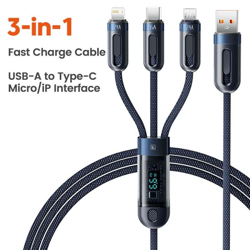 Câble Toocki 66 W 3 en 1 avec affichage numérique, charge rapide 6 A, compatible Micro USB, Type C et Lightning, pour iPhone, Sa