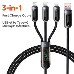 Câble Toocki 66 W 3 en 1 avec affichage numérique, charge rapide 6 A, compatible Micro USB, Type C et Lightning, pour iPhone, Sa
