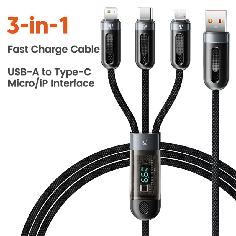 Câble Toocki 66 W 3 en 1 avec affichage numérique, charge rapide 6 A, compatible Micro USB, Type C et Lightning, pour iPhone, Sa