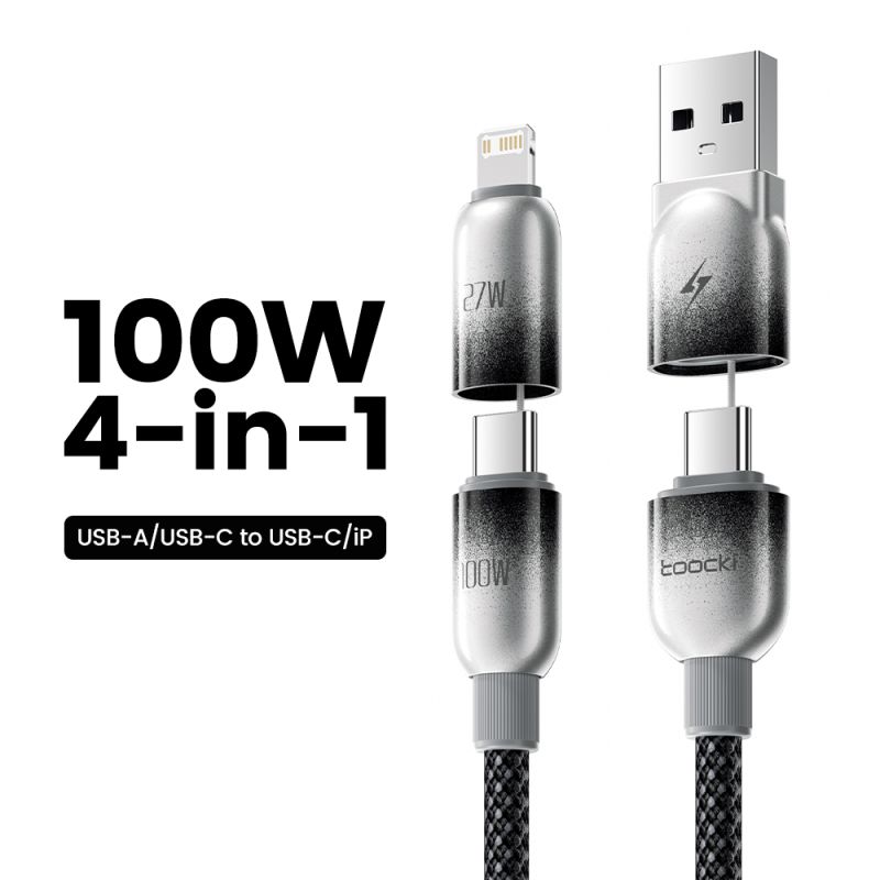 Cáp sạc nhanh Toocki 4 trong 1, cáp USB sang USB C 1.2m 100W 5A, USB C sang Lightning 27W, cáp sạc nhanh USB C cho iPhone Samsun