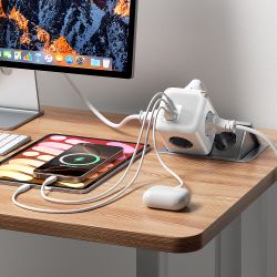 Ổ cắm điện đa năng Toocki GaN với 4 ổ cắm AC, 2 cổng USB, 1 cổng Type-C, công suất 33W, QC3.0, PD20W, có tiếp đất và bảo vệ quá 