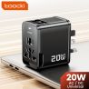 Toocki 20 W Uniwersalny adapter podróżny na cały świat z 1 gniazdem AC, 2 portami typu C i 1 portem USB Szybka ładowarka ścienna