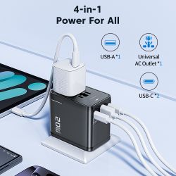 Toocki 20 W Uniwersalny adapter podróżny na cały świat z 1 gniazdem AC, 2 portami typu C i 1 portem USB Szybka ładowarka ścienna