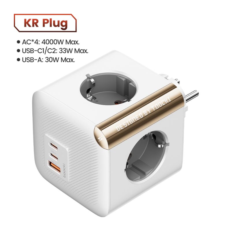 Ổ cắm điện đa năng Toocki GaN với 4 ổ cắm AC, 2 cổng USB, 1 cổng Type-C, công suất 33W, QC3.0, PD20W, có tiếp đất và bảo vệ quá 