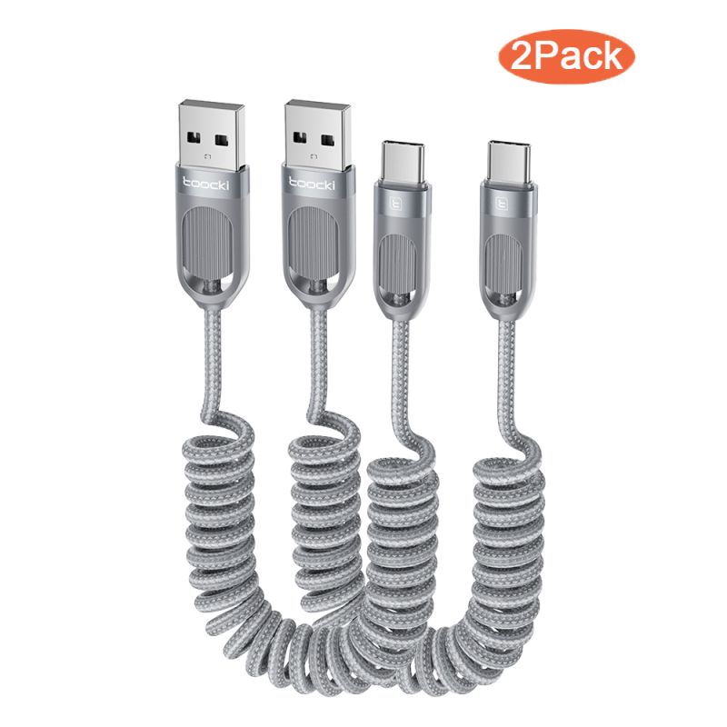 Toocki USB Cable Fast Charing 2Pack 1.5m USB Type C Coiled Charger Cord for iPhone 17 16 15 Samsung S20 S10 S9 Huawei Oneplus