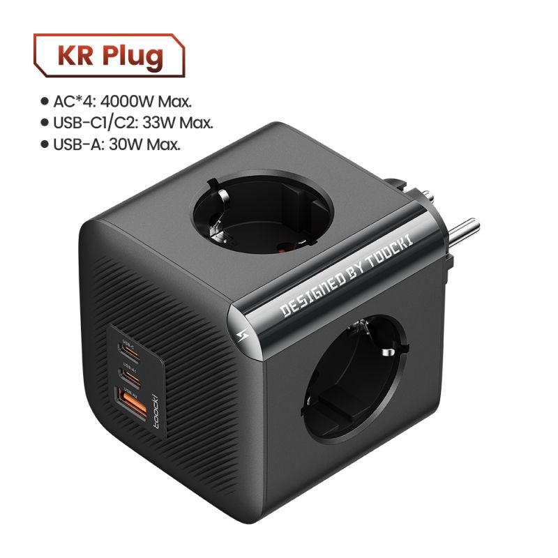Ổ cắm điện đa năng Toocki GaN với 4 ổ cắm AC, 2 cổng USB, 1 cổng Type-C, công suất 33W, QC3.0, PD20W, có tiếp đất và bảo vệ quá 