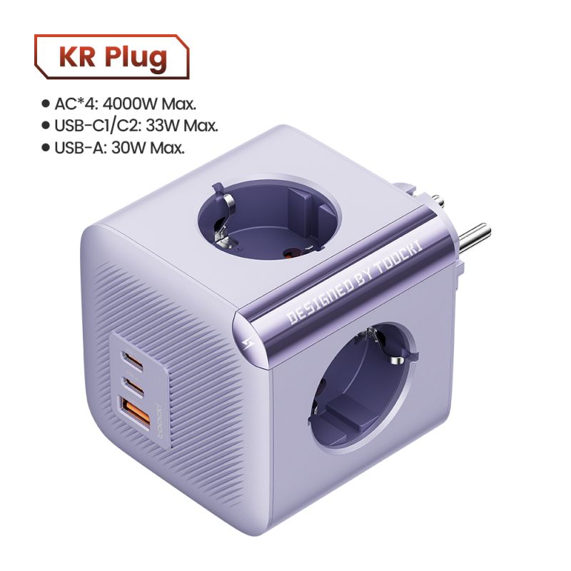 Ổ cắm điện đa năng Toocki GaN với 4 ổ cắm AC, 2 cổng USB, 1 cổng Type-C, công suất 33W, QC3.0, PD20W, có tiếp đất và bảo vệ quá 
