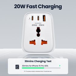 Toocki Universal-Reiseadapter, 20 W GaN-Steckdosenleiste, 1 AC-Anschluss, 1 USB-Anschluss, 2 Typ-C-Schnellladegeräte für iPhone 