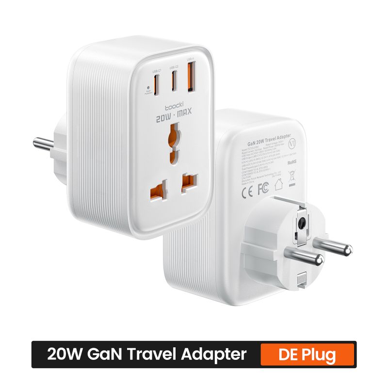 Toocki Universal-Reiseadapter, 20 W GaN-Steckdosenleiste, 1 AC-Anschluss, 1 USB-Anschluss, 2 Typ-C-Schnellladegeräte für iPhone 