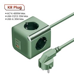Ổ cắm điện đa năng Toocki GaN với 4 ổ cắm AC, 2 cổng USB, 1 cổng Type-C, công suất 33W, QC3.0, PD20W, có tiếp đất và bảo vệ quá 
