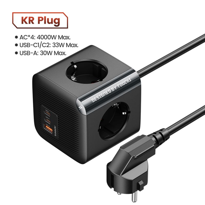 Ổ cắm điện đa năng Toocki GaN với 4 ổ cắm AC, 2 cổng USB, 1 cổng Type-C, công suất 33W, QC3.0, PD20W, có tiếp đất và bảo vệ quá 