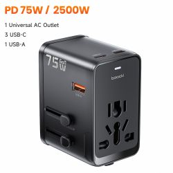 Bộ chuyển đổi nguồn du lịch đa năng Toocki GaN 75W toàn cầu với 1 ổ cắm AC, 1 cổng USB, 2 cổng Type-C, sạc nhanh PD 45W cho phíc