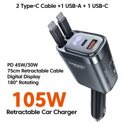 Bộ sạc ô tô Toocki 105W USB C cáp rút 0.75m PD 45W QC 3.0 SCP SFC2.0 PPS Sạc nhanh cho iPhone 17 16 Samsung Tablet