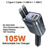 Bộ sạc ô tô Toocki 105W USB C cáp rút 0.75m PD 45W QC 3.0 SCP SFC2.0 PPS Sạc nhanh cho iPhone 17 16 Samsung Tablet