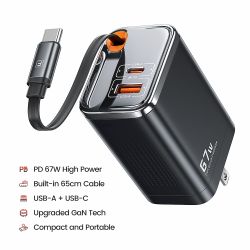 Toocki 67W GaN USB C 충전기 (접이식 Type C 케이블 포함) PPS PD3.0 SFC2.0 고속 충전기 (iPhone 16 15, Samsung S25 S24, 노트북 호환)